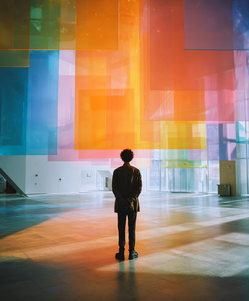 A person stands alone in a gallery, looking up at large translucent hanging panels in orange, pink, yellow, blue, and green.