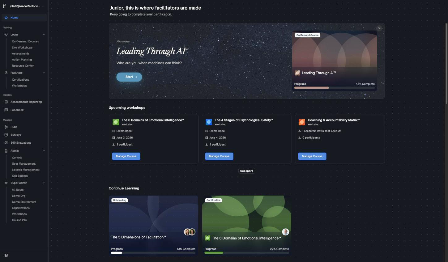 The learner home in the LeaderFactor platform